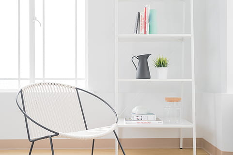 white, armchair, gray, steel frame, wooden, 3-layer, 3- layer shelf, architecture, building, infrastructure, structure, shelf, garden, plant, chair, books, indoors, furniture, table, home interior, seat, domestic room, no people, white color, window, modern, potted plant, home, absence, day, office, empty, simplicity, lifestyles, bookshelf, 4K, CC0, public domain, royalty free