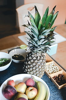 kitchen, Pineapple, home, fruit, food, freshness, table, healthy Eating, gourmet, apple - Fruit, food And Drink, indoors, preparation, wellbeing, tropical fruit, no people, still life, focus on foreground, bowl, close-up, banana, nature, day, high angle view, plant, 5K, CC0, public domain, royalty free