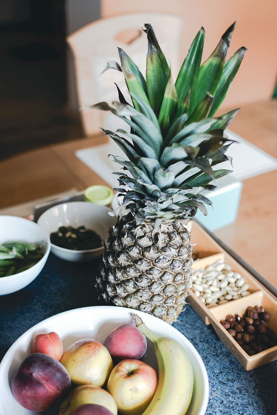 kitchen, Pineapple, home, fruit, food, freshness, table, healthy Eating, gourmet, apple - Fruit, food And Drink, indoors, preparation, wellbeing, tropical fruit, no people, still life, focus on foreground, bowl, close-up, banana, nature, day, high angle view, plant, 5K