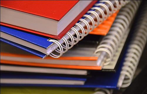 assorted, notebooks, spiral springs, shallow, focus photography, spiral, springs, shallow focus, photography, leave, ring binder, notepad, block, office, multi colored, data, no people, technology, close-up, day, publication, book, indoors, education, stack, still life, table, spiral notebook, communication, orange color, connection, business, paper, file, blue, computer cable, note pad, 4K, CC0, public domain, royalty free