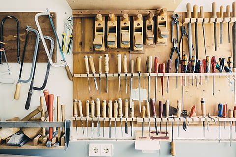 assorted, manual, tool, set, tools, workshop, equipment, construction, industrial, screwdrivers, carpentry, maintenance, garage, mechanical, wrenches, saws, repair, large group of objects, work tool, abundance, choice, no people, hand tool, indoors, arrangement, variation, order, hanging, wall - building feature, wood - material, still life, in a row, side by side, occupation, screwdriver, chisel, workbench, hand saw, spanner, 1080P, CC0, public domain, royalty free