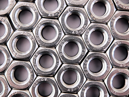 silver log knot wallpaper, nut, hex, hexagon, attach, close, packed, hexagonal, array, pattern, many, crazy, mad, bonkers, engineering, mechanical, screw, thread, fasten, steel, metal, metallic, industrial, construction, hardware, industry, fastener, shiny, stainless, chrome, technology, connection, connect, repeat, geometric, grid, lattice, design, geometry, backgrounds, abstract, full frame, geometric shape, shape, circle, no people, close-up, indoors, repetition, large group of objects, textured, arrangement, order, in a row, 4K, CC0, public domain, royalty free