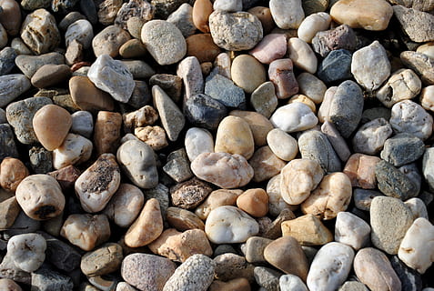 stones, pebbles, layer, solid, stone - object, rock, full frame, large group of objects, backgrounds, pebble, no people, stone, nature, land, rock - object, day, abundance, high angle view, beach, pattern, textured, outdoors, shape, 2K, CC0, public domain, royalty free