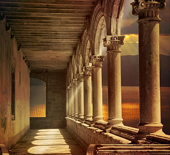 brauner Betonflur, Arkade, die Architektur, Gebäude, säulenartig, historisch, Bogen, Gang, Bögen, Licht, romantisch, Idylle, Rundbogen, Stein, Mauerwerk, Meer, Ausblick, Sonnenuntergang, Lichteinfall, Sonnenstrahl, Licht und Schatten, hispanisch, lichtspiel, Märchen, Schloss, alt, Antiquität, architektonische Säule, gebaute Struktur, die Vergangenheit, Geschichte, Kolonnade, in einer Reihe, uralt, keine Leute, der Weg nach vorn, Reiseziele, Tag, Richtung, Sonnenlicht, drinnen, alte Zivilisation, Decke, alte Geschichte, Archäologie, 2K, CC0, gemeinfrei, lizenzfrei