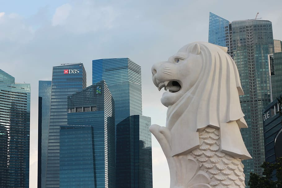 parc merlion de Singapur, Singapur, merlion park, gratacels, arquitectura, escena urbana, ciutat, exterior de l'edifici, estàtua, estructura construïda, lloc famós, arquitectura i edificis, escultura, edifici, art i artesania, representació, representació humana, exterior d’edifici d’oficines, cap gent, creativitat, alta - alta, semblança masculina, cel, vista d’angle baix, modern, dia, districte financer, 1080P