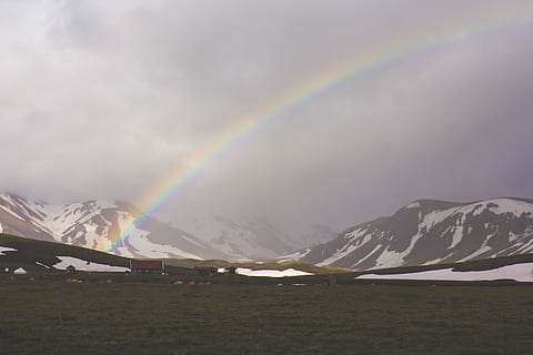 black, mountains, rainbow, black mountains, under the rainbow, nature, mountain, snow, scenics, landscape, outdoors, mountain Range, sky, cloud - Sky, environment, beauty in nature, scenics - nature, multi colored, cold temperature, day, no people, winter, tranquil scene, tranquility, land, snowcapped mountain, 5K, CC0, public domain, royalty free
