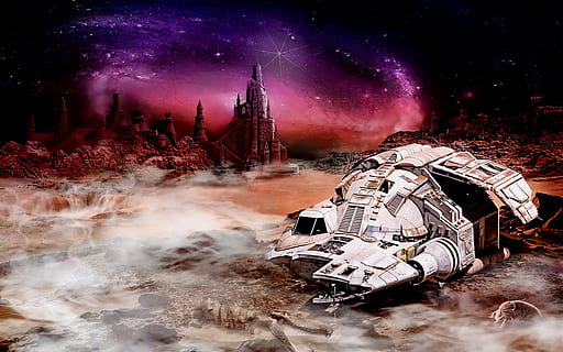 gray, space craft, starry sky, galaxy, painting, composing, fantasy, mood, star, landscape, background, planet, sience fiction, space, universe, sky, fantasy world, spaceship, photo montage, cover, book cover, dark, destruction, war, night, accidents and disasters, city, star - space, architecture, motion, built structure, damaged, nature, abandoned, building exterior, no people, smoke - physical structure, ruined, outdoors, nautical vessel, mode of transportation, astronomy, scenics - nature, building, digital composite, deterioration, 1080P, CC0, public domain, royalty free