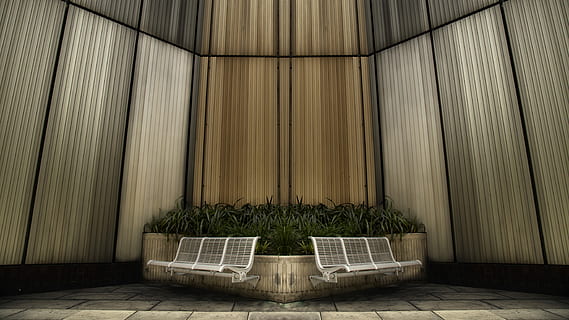 dos, blanc, bancs metàl·lics, arquitectura, banc, paret, modern, verd, seient, descansa, descans, seu, efecte de mirall, mirall, vegetació, planta, verdor, racó, cap gent, estructura construïda, cortina, absència, exterior de l'edifici, material de fusta, riquesa, funció de construcció de parets, naturalesa, a l'aire lliure, luxe, edifici, il·luminat, dia, relaxació, cadira, ferro, 5K, CC0, domini públic, lliure de regalies