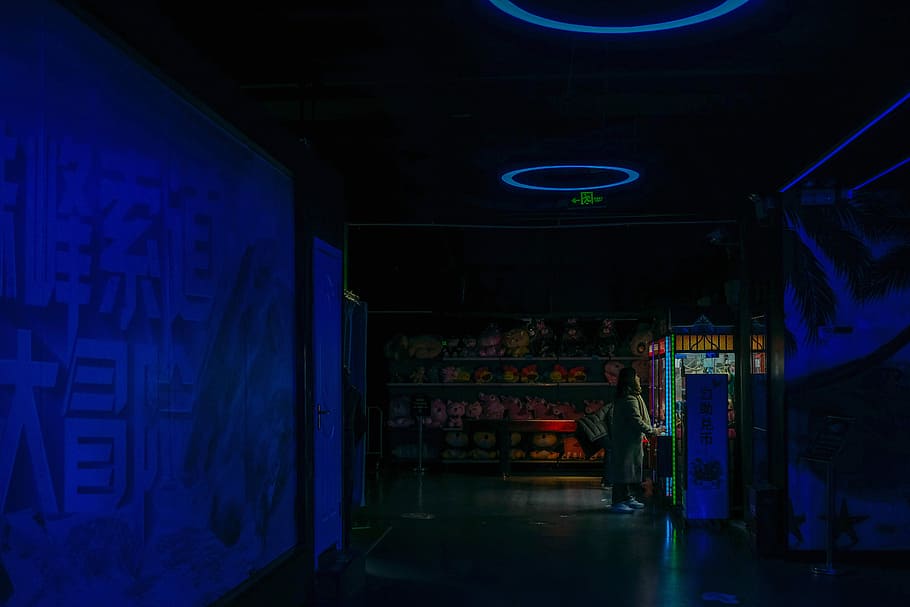 muž, přední, plyš, hračka dráp stroj, osoba, použitím, prodejní automat, svítí, noc, uvnitř, architektura, nakupování, nikdo, osvětlovací zařízení, umělecká kultura a zábava, stavba, obchod, trh, maloobchodní, podnikání, schodiště, stání na trhu, temný, absence, modrý, velká skupina objektů, chaotický, noční život, etapa, strop, 5K