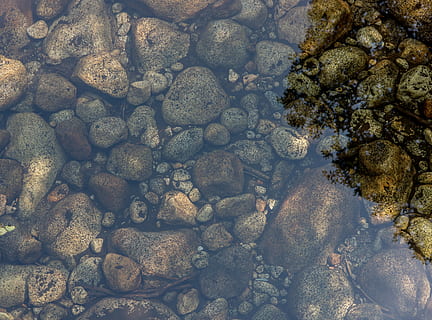 nature, reflection, stones, water, rock, solid, rock - object, stone, stone - object, beach, no people, day, pebble, high angle view, land, outdoors, beauty in nature, sea, transparent, full frame, large group of objects, shallow, 5K, CC0, public domain, royalty free