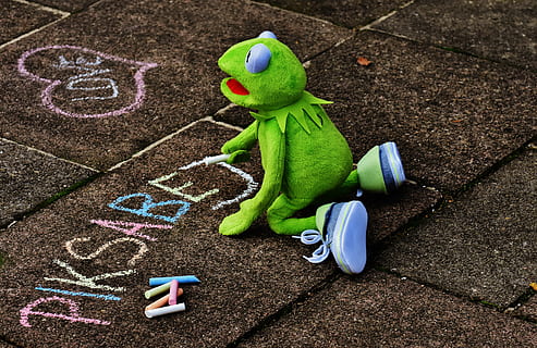 straßenkreide, typografiske fejl, Kermit, frø, kridt, maling, jord, pixabay, farverig, gade kridt, tegne, malet, tegning, maleri, blødt legetøj, udstoppet dyr, frøer, sjov, nuttet, skriftlig, skrifttype, Kunst og håndværk, repræsentation, kreativitet, grøn farve, legetøj, høj vinkel visning, barndom, multi farvet, håndværk, menneskelig repræsentation, dag, kridt tegning, kridt - kunstudstyr, tæt på, natur, stilleben, 5K, CC0, offentligt domæne, royaltyfrie