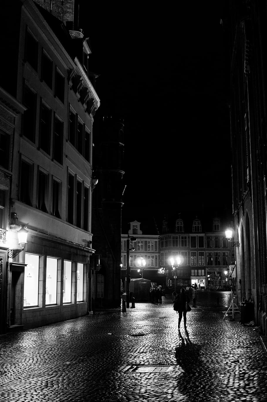 person, walking, hallway, gray, scale, photo, woman, street, architecture, building, infrastructure, night, black and white, lights, city, people, illuminated, built structure, building exterior, adults only, nightlife, real people, lifestyles, full length, men, incidental people, leisure activity, lighting equipment, street light, rear view, outdoors, 4K