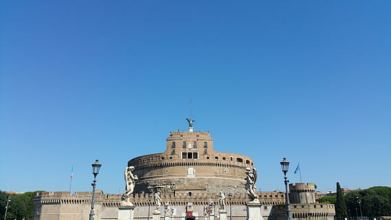 Sant Angelo, Rome, Castle, Landmark, sant angelo, rome, monument, fortress, hadrian, tiber, architecture, building exterior, history, built structure, copy space, blue, sky, clear sky, travel destinations, building, city, travel, the past, nature, no people, day, tourism, low angle view, tower, sunny, outdoors, government, spire, 5K, CC0, public domain, royalty free