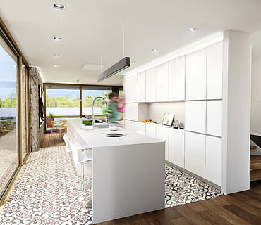 interior branco da cozinha, cozinha, renderizar, casa, moderno, interior de casa, dentro de casa, cozinha doméstica, arquitetura, balcão de cozinha, pavimento, ninguém, sala doméstica, luxo, prédio residencial, janela, utensílio, desenhar, gabinete, apartamento, Pia, ilha de cozinha, Novo, mobília, decoração, propriedade de casa, fogão, telha, vida domestica, riqueza, interior de vitrine em casa, equipamento doméstico, dia, piso frio, teto, 2K, CC0, domínio público, royalty free