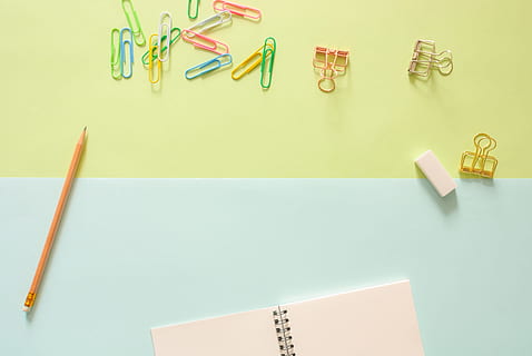 notebook, pencil, eraser, background, clips, stationery, top view, office supply, paper clip, clip, studio shot, no people, indoors, paper, colored background, office, copy space, table, desk, group of objects, education, still life, business, large group of objects, rubber, note pad, blank, 2K, CC0, public domain, royalty free