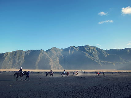animals, blue sky, clear sky, dirt, dust, horseback riding, landscape, leisure, mountain range, mountains, nature, people, person, ride, rider, riding, sand, sky, mountain, outdoors, group of people, land, real people, day, beauty in nature, men, lifestyles, leisure activity, blue, scenics - nature, environment, mammal, domestic animals, 2K, CC0, public domain, royalty free