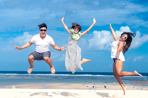 sea, sky, fashion, beach, blue sky, cheerful, clouds, eyewear, happiness, happy, horizon, joy, jump, jumping, leisure, ocean, oceanshore, oceanside, outdoors, people, pose, posture, recreation, seascape, seashore, seaside, shore, smile, smiling, summer, sunglasses, vacation, water, waves, wear, young women, young adult, full length, togetherness, fun, women, leisure activity, nature, emotion, adult, land, human arm, vacations, front view, limb, arms raised, swimming pool, positive emotion, 5K, CC0, public domain, royalty free