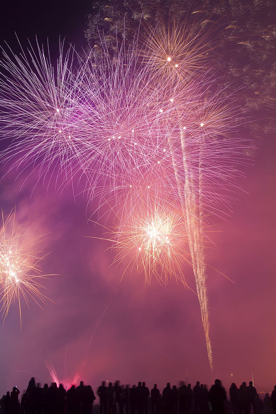 fuochi d'artificio durante la notte, fuoco d'artificio, fuoco, illuminazione, cielo notturno, evento, persone, nuovo Jear, Fuochi artificiali, celebrazione, notte, cielo, fuochi d'artificio - Oggetto creato dall'uomo, che esplode, illuminato, nessuno, all'aperto, albero, cultura artistica e intrattenimento, movimento, raggiante, lunga esposizione, Inquadratura dal basso, natura, luce, movimento sfocato, silhouette, Vigilia di Capodanno, vita notturna, eccitazione, 5K