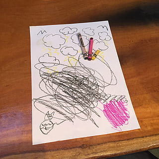 three, assorted-color crayons, white, printer paper, child, scribbles, drawing, crayons, doodle, sketch, design, drawn, creative, paper, little, squiggle, messy, education, childhood, table, art and craft, indoors, creativity, drawing - art product, high angle view, no people, still life, drawing - activity, pencil, plant, craft, sketch pad, wood - material, directly above, activity, flower, pencil drawing, 1080P, CC0, public domain, royalty free