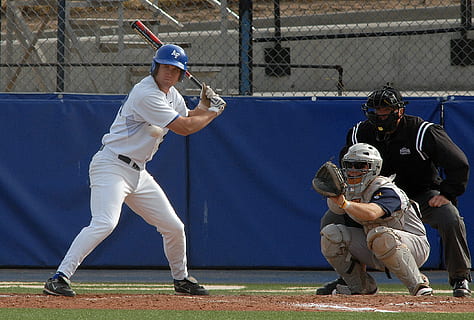man, playing, baseball, field, baseball player, batter, hitter, hitting, hit, ball, umpire, sport, action, college, game, athlete, batter's box, swing, bat, catcher, men, people, helmet, full length, sports helmet, group of people, baseball - sport, headwear, leisure activity, competition, standing, sportsman, sports team, clothing, sports uniform, teenager, 2K, CC0, public domain, royalty free