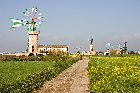 white, green, windmill, daytime, mill, wind, balearic islands, mallorca, landscape, field, architecture, built structure, sky, environmental conservation, nature, fuel and power generation, plant, environment, building exterior, no people, history, grass, the past, travel destinations, renewable energy, alternative energy, turbine, wind turbine, travel, wind power, outdoors, 2K, CC0, public domain, royalty free
