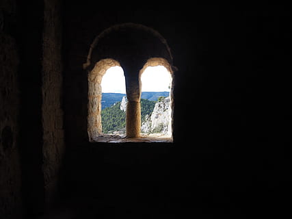 landscape of mountain, Windows, Castle, Outside, Looking Out, view, interior, old, architecture, stone, historic, building, ancient, arch, column, structure, darkness, light, contrast, window, dark, indoors, looking through window, no people, day, sea, nature, water, copy space, built structure, sunlight, history, sky, the past, wall - building feature, light at the end of the tunnel, 1080P, CC0, public domain, royalty free