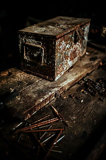boxes, workshop, Old, nails, box, wooden, metal, garage, rusty, dust, bolts, old-fashioned, dirty, obsolete, retro Styled, antique, wood - Material, dark, no people, rustic, black background, indoors, close-up, selective focus, still life, table, textured, shape, weathered, brown, focus on foreground, damaged, decline, 5K
