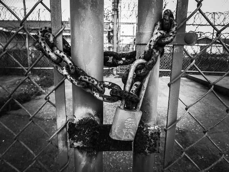 fotografia en escala de grisos, porta, cadenat, bloqueig, seguretat, bloquejat, segur, tancat, rovellat, tanca, metall rovellat, enllaç de cadena, cadenes, metall, cadena, galvanitzat, enllaç, cable, enllaços de cadena, òxid, presó, vell, entrada, accés denegat, buit, abandonat, estrany, surrealista, immokalee, florida, límit, protecció, dia, cap gent, barrera, tanca d'enllaç de cadena, estructura construïda, connexió, arquitectura, a l'aire lliure, primer pla, aigua, exterior de l'edifici, 4K