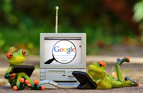 frøer, ved brug af, elektronisk, enheder figurer, computer, google, Søg, bærbar, sjov, nuttet, figur, sød, sjovt, dyr, lempelse, at lyve, frø, pc, se, meddelelse, repræsentation, kreativitet, Kunst og håndværk, legetøj, ingen mennesker, teknologi, fokus på forgrunden, tæt på, menneskelig repræsentation, bord, grøn farve, mandlig lighed, forretning, stilleben, indendørs, 2K, CC0, offentligt domæne, royaltyfrie