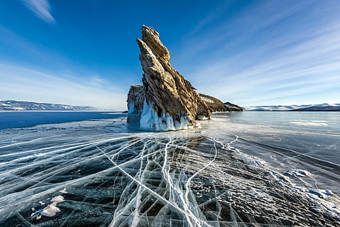 clouds, cold, ice, icy, motion, nature, rock, scenery, sky, view, water, cold temperature, snow, winter, scenics - nature, landscape, environment, beauty in nature, mountain, frozen, land, tranquility, blue, cloud - sky, no people, outdoors, icicle, 5K, CC0, public domain, royalty free