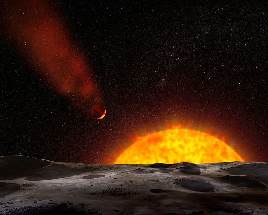 il·lustració de sol, planeta, extrasolar, exoplaneta, cometari, gas, cosmos, espai, artístic, concepció, representació, art, osiris, hd 209458 b, atmosfera, foc - fenomen natural, calor - temperatura, flama, nit, cap gent, naturalesa, cel, bellesa a la natura, estrella - espai, astronomia, geologia, moviment, escenics - natura, a l'aire lliure, brillant, medi ambient, volcà, poder a la natura, muntanya, color taronja, poder, 2K