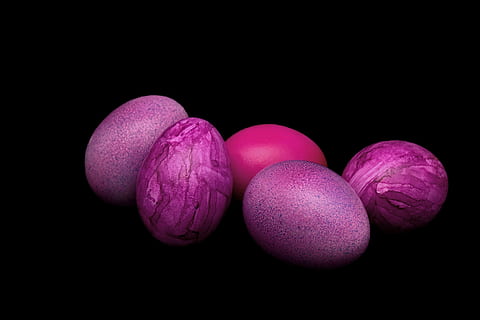 five purple eggs, easter eggs, easter, happy easter, color, easter theme, colorful, delicious, cheerful, colored, boiled eggs, pink, cooked, hartgekocht, egg shaped, studio shot, black background, indoors, food and drink, freshness, food, still life, close-up, no people, pink color, copy space, group of objects, wellbeing, cut out, healthy eating, raw food, easter egg, sweet food, vegetable, purple, temptation, softness, 5K, CC0, public domain, royalty free