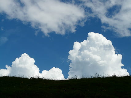 cumulus skyer, Sky, cumulus, tordenvejr, himmel, blå, regn, vejr, skyer form, stålblå, sky - himmel, dag, landskab, landlige scene, ro, rolig scene, skønhed i naturen, natur, miljø, Mark, jord, scenics - natur, plante, ikke-urbane scene, græs, ingen mennesker, udendørs, lav vinkel visning, hvid farve, 2K, CC0, offentligt domæne, royaltyfrie