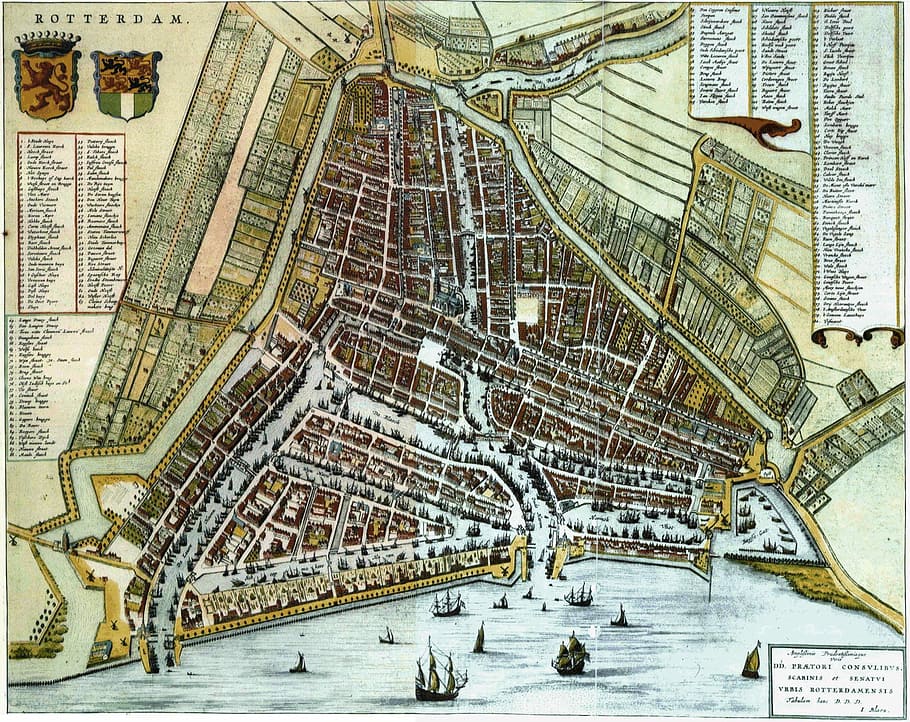 1652, willem, mapa, Rotterdam, joan blaeu, Països Baixos, ciutat, dibuix, domini públic, esbós, urbà, europa, arquitectura, exterior de l'edifici, cap gent, dia, paisatge urbà, estructura construïda, destinacions de viatge, edifici, art i artesania, patró, hivern, religió, creença, neu, història, el passat, turisme, temperatura de fred, sostre, 1080P
