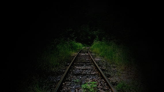 trilho, floresta, trilhos, trem, natureza, ferrovia, noite, transporte, Transporte ferroviário, o caminho a seguir, Sombrio, rastrear, direção, plantar, ninguém, árvore, ponto de fuga, Perspectiva Diminutiva, grama, ao ar livre, crescimento, terra, copie o espaço, longo, paralelo, 2K, CC0, domínio público, royalty free