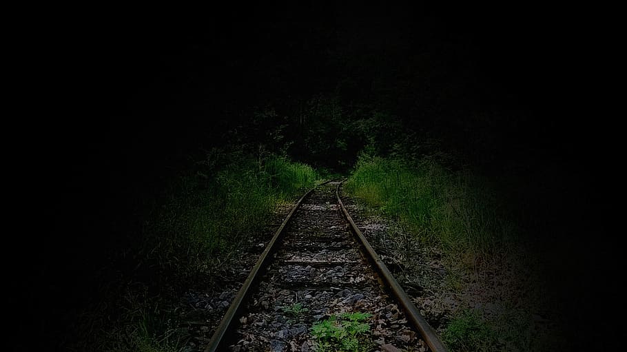 trilho, floresta, trilhos, trem, natureza, ferrovia, noite, transporte, Transporte ferroviário, o caminho a seguir, Sombrio, rastrear, direção, plantar, ninguém, árvore, ponto de fuga, Perspectiva Diminutiva, grama, ao ar livre, crescimento, terra, copie o espaço, longo, paralelo, 2K