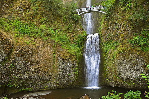 people, standing, bridge, waterfalls, daytime, bridge atop waterfalls, waterfall, cascade, river, stream, mountain, hiking trail, green, water, flowing water, scenics - nature, beauty in nature, motion, nature, plant, long exposure, rock, solid, forest, no people, rock - object, tree, splashing, flowing, blurred motion, land, outdoors, falling water, rainforest, running water, power in nature, 4K, CC0, public domain, royalty free