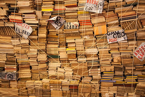 piled, books, strings, book, rope, library, bieb, color, books to borrow, parchment, book read, paper, large group of objects, wood - material, stack, abundance, full frame, backgrounds, no people, wood, arrangement, timber, for sale, market, day, text, still life, retail, lumber industry, indoors, business, 5K, CC0, public domain, royalty free