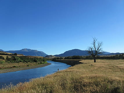 chile, river, mountains, tree, landscape, sky, water, tranquil scene, tranquility, plant, scenics - nature, grass, clear sky, beauty in nature, mountain, copy space, blue, environment, no people, nature, land, lake, day, outdoors, 4K, CC0, public domain, royalty free