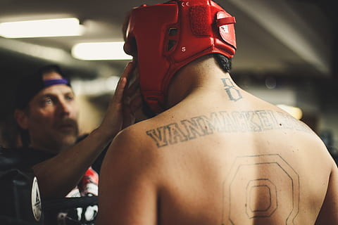 person, using, training helmet, inside, ring, man, red, fights, people, men, adult, males, indoors, close-up, adults only, only men, tattoo, focus on foreground, shirtless, real people, one person, boxing - sport, lifestyles, sport, athlete, young adult, portrait, human body part, strength, young men, rear view, 5K, CC0, public domain, royalty free
