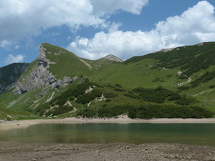 pool, lake, schochen top, sulz tip, pallor, mountains, summit, bergsee, swim, alpine lake, water, clear, crystal clear, vilsalpseeberge, allgäu alps, tyrol, austria, refreshment, mountain, beauty in nature, scenics - nature, tranquil scene, tranquility, cloud - sky, environment, sky, day, non-urban scene, landscape, nature, no people, mountain range, idyllic, outdoors, green color, mountain peak, range, 4K, CC0, public domain, royalty free