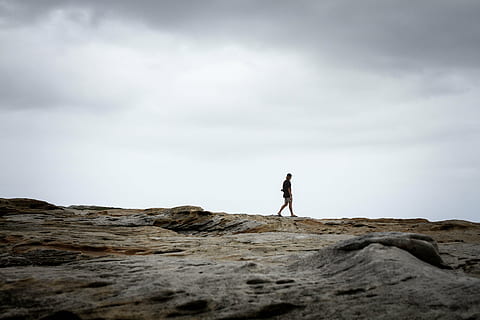 alone, cloudy, landscape, man, outdoors, person, rocky, sky, solo, walking, one person, cloud - sky, rock, rock - object, solid, standing, leisure activity, land, full length, adult, holiday, nature, vacations, trip, solitude, beauty in nature, lifestyles, 5K, CC0, public domain, royalty free