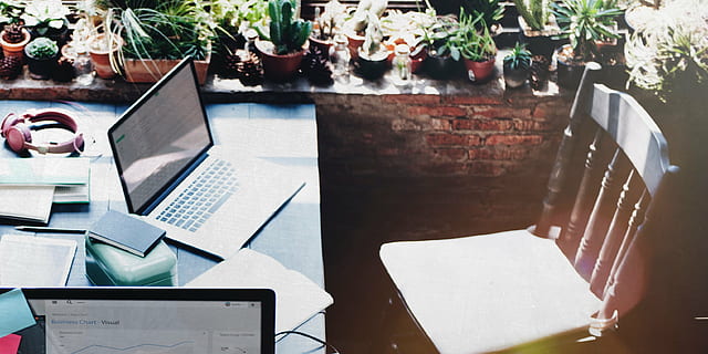 macbook, gray, wooden, table, chair, laptop, apple, keyboard, technology, mac, application, software, hardware, office, work, morning, sun, flare, plant, green, garden, business, wireless technology, computer, connection, communication, using laptop, internet, convenience, computer monitor, day, sunlight, potted plant, nature, high angle view, wall, no people, outdoors, paper, seat, 2K, CC0, public domain, royalty free