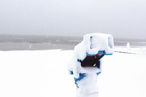 Snow, Winter, Snowfall, Wintry, White, cold, nature, winter dream, snowy, snow magic, winter magic, frozen, winter mood, winter picture, atmospheric, grey, ice and snow, lake, ice, bank, periscope, telescope, metal, still, close up, view, stainless steel, binoculars, rest, cold temperature, white color, blue, outdoors, one person, day, glove, human hand, hand, water, copy space, blizzard, cleaning, snowing, protection, close-up, extreme weather, warm clothing, hood - clothing, 2K, CC0, public domain, royalty free