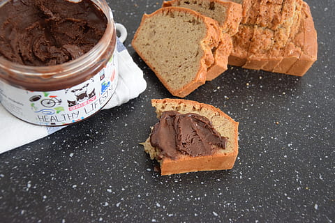 bread, peanut butter, breakfast, food and drink, food, high angle view, freshness, table, indoors, still life, slice, no people, ready-to-eat, baked, drink, sweet food, coffee, cup, coffee - drink, brown, temptation, close-up, brown bread, snack, 5K, CC0, public domain, royalty free
