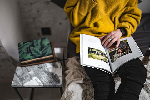 young, woman reading, magazine, bed, in bed, caucasian, female, woman, interior, relax, read, reading, time, lifestyle, bedroom, sweater, yellow sweater, book, people, one Person, indoors, human Hand, adult, religion, bible, adults only, one woman only, midsection, sitting, publication, holding, casual clothing, clothing, activity, paper, lifestyles, leisure activity, education, front view, real people, day, studying, 4K