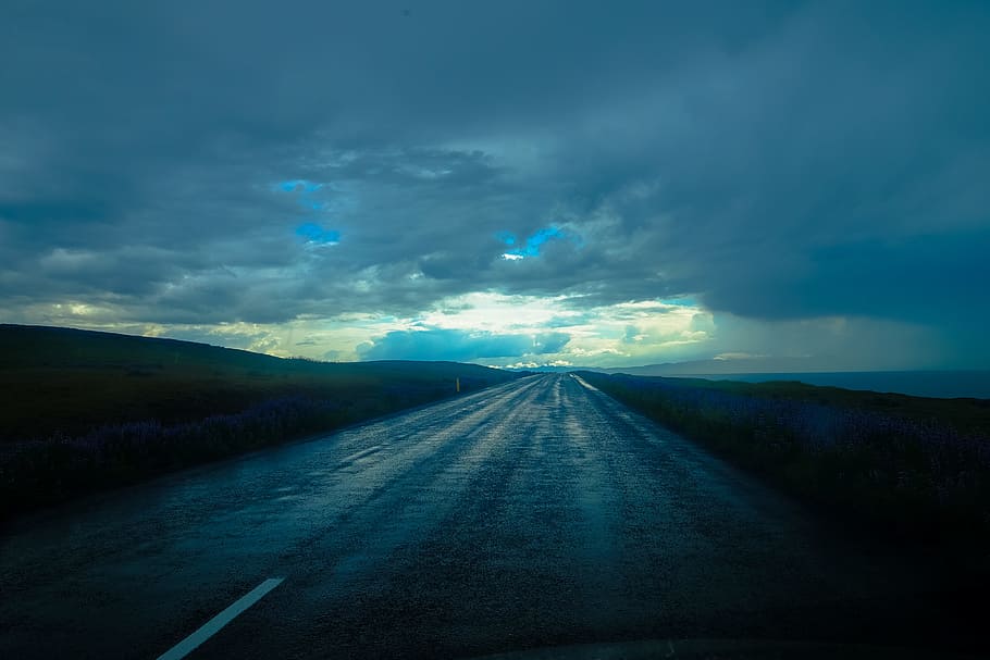 carretera, paisatge, núvols, ennuvolat, asfalt, camp, núvols foscos, flors, camp de gespa, horitzó, lupin, a l'aire lliure, plantes, plujós, rural, manera, humit, núvol - cel, cel, el camí a seguir, direcció, transport, punt de fuga, perspectiva decreixent, cap gent, naturalesa, bellesa a la natura, escena tranquil·la, tranquil·litat, medi ambient, escenics - natura, signe, escena no urbana, símbol, línia divisòria, llarg, 4K