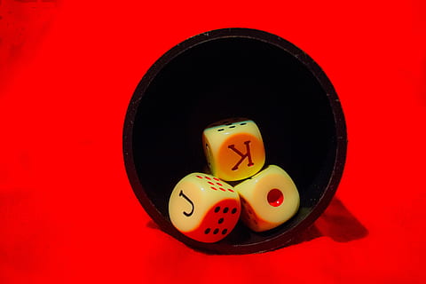 dice, goblet, game, red, casino, bet, as, gambling, fun, representation, still life, indoors, studio shot, no people, anthropomorphic smiley face, directly above, close-up, colored background, food, food and drink, red background, face, anthropomorphic, human representation, smiling, copy space, creativity, 5K, CC0, public domain, royalty free