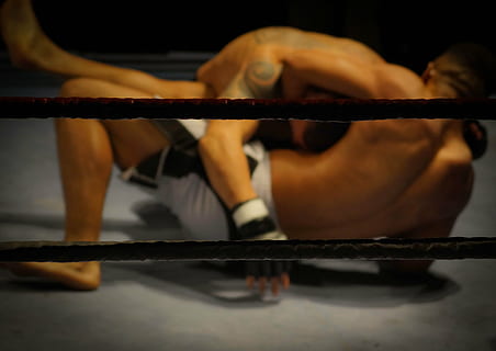 two, men, grappling, mma, photo, wrestling, fighting, ring, sports, athletes, fitness, tattoos, ropes, reflection, one man only, one person, indoors, adult, only men, people, adults only, close-up, human body part, healthy lifestyle, exercising, young adult, sports training, strength, gym, muscular build, boxing ring, clothing, sport, lifestyles, athlete, wellbeing, sitting, semi-dress, black background, 4K, CC0, public domain, royalty free