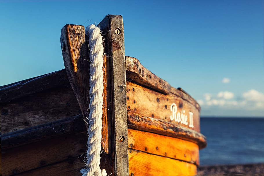 wooden, fishing boat, rests, beach, sunny, day, on the beach, sunny day, Deal, Kent, England, various, boat, coast, sea, coastline, outdoors, wood - Material, old, nature, blue, nautical Vessel, sky, no people, rusty, transportation, metal, ship, mode of transportation, water, weathered, shipwreck, close-up, damaged, deterioration, 4K